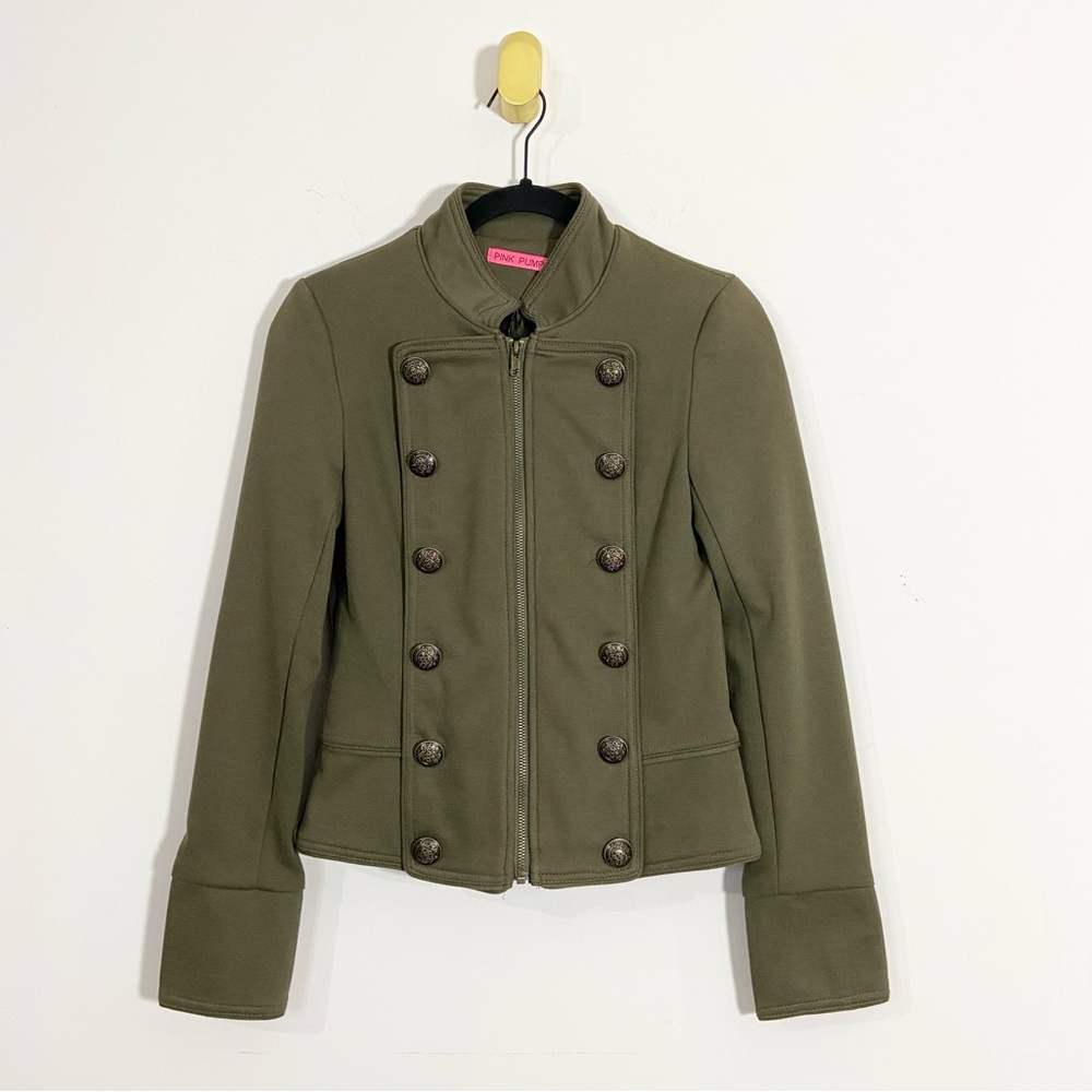 Pink Pump Boutique Military Green Double Breasted Faux Button Zipper Jacket